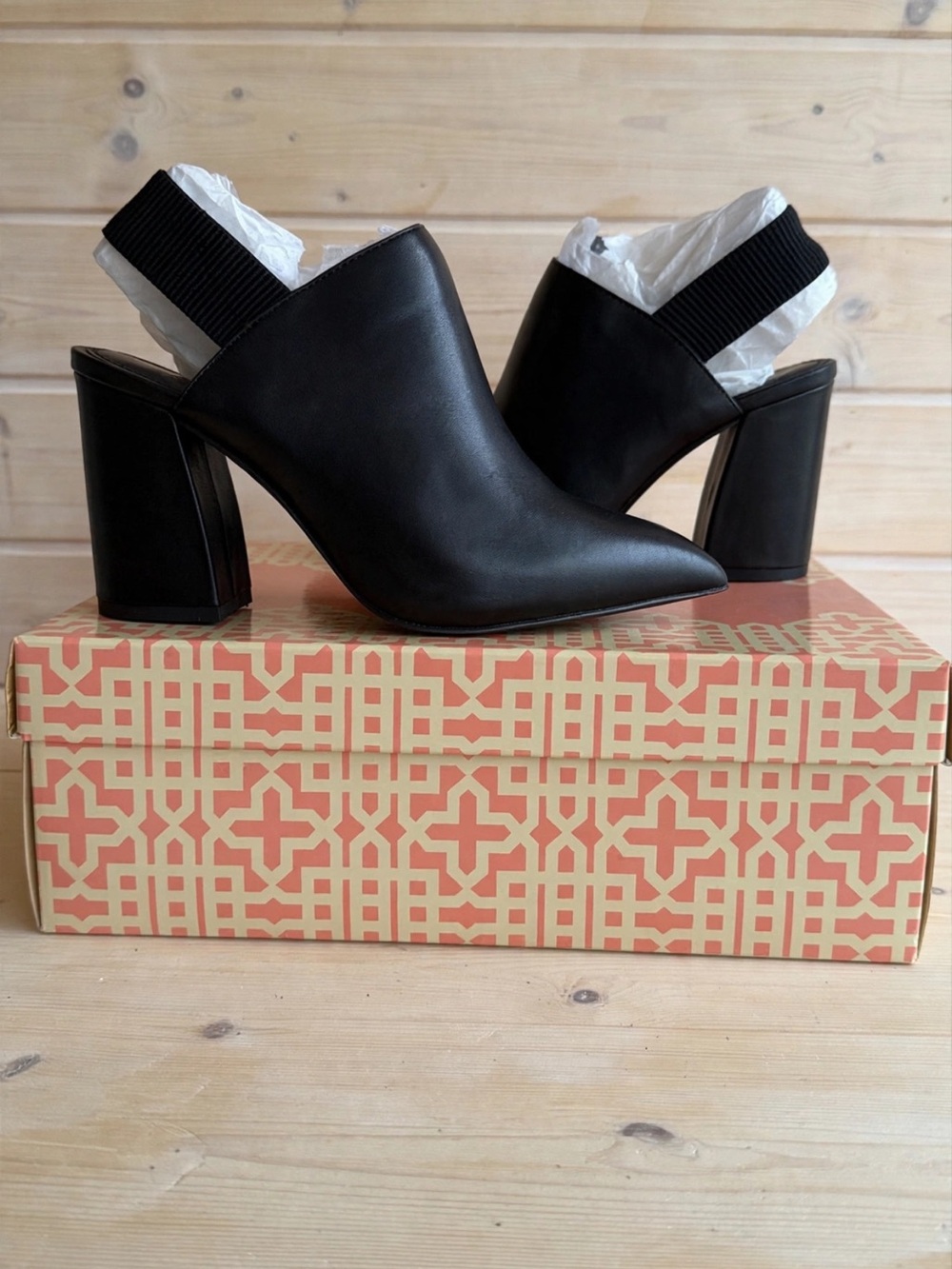 Gianni Bini Black Leather Slingback Block Heel Mules